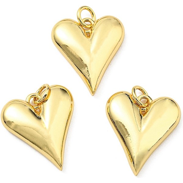 Colgantes de latón, con anillo de salto, Plateado de larga duración, sin plomo y el cadmio, charm de corazón, real 18k chapado en oro, 17.5x15.5x4mm, agujero: 3 mm