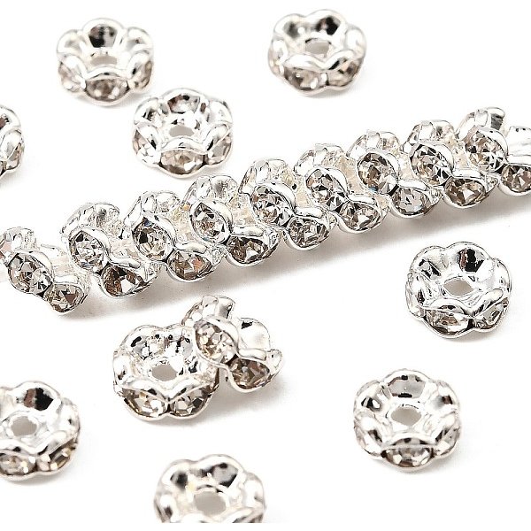 Perles séparateurs en laiton avec strass, grade AAA, bord ondulé, sans nickel, couleur argentée, rondelle, cristal, 6x3mm, Trou: 1mm