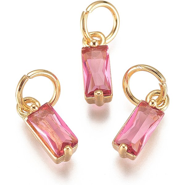 Brass Micro Pave Cubic Zirconia Charms, Long-Lasting Plated, With Jump Ring, Real 18K Gold Plated, Rectangle, Hot Pink, 10X3X3Mm, Hole: 3Mm-image