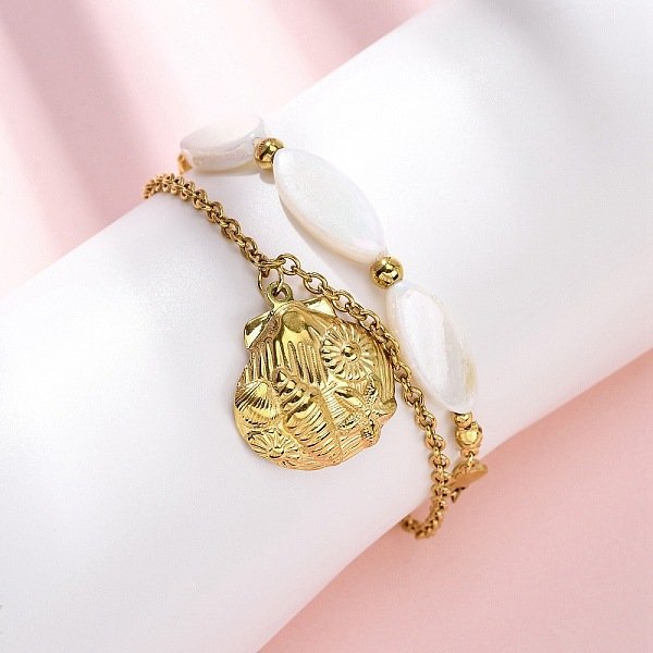 304 Stainless Steel Multi-Strand Bracelets, Charm Bracelets For Women, With White Shell, Ion Plating(Ip), Real 18K Gold Plated, 6-1/2 Inch(16.5Cm)-image