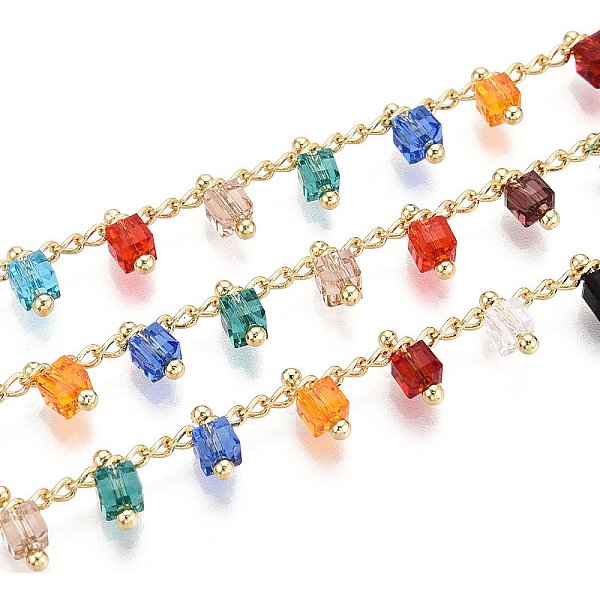 ChaîNes à Maillons Cubiques En Laiton Faites à La Main, Avec Du Verre Pour La Fabrication De Colliers Et De Bracelets, Soudé, Avec Bobine, VéRitable 18K Plaqué Or, ColoréEs, 7Mm, Environ 16.40 Pied (5 M)/Rouleau-image