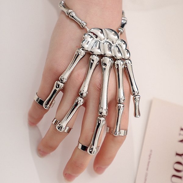 Halloween Themed Skull Alloy Full Hand Ring Bracelet, Stretch Bracelet with 5 Adjustable Rings for Women, Platinum, Inner Diameter: 2-3/8 inch(6cm)
