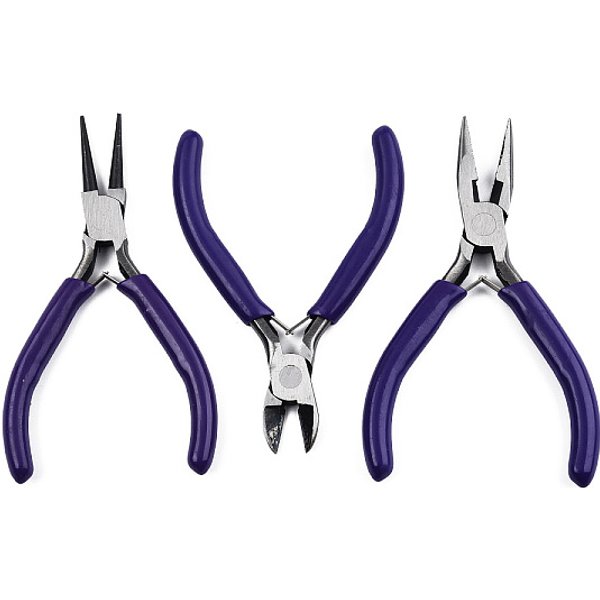 Jeu De Pinces En Acier, Avec PoignéEs En Plastique, Y Compris Pince Coupante LatéRale, Pince à Bijoux, Bec Rond, Platine, Pince Coupe-Fil à Bec Effilé, Indigo, 113-126X48-52X6-10Mm, 3 PièCes / Kit-image