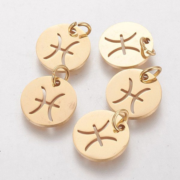 Breloques En Acier Inoxydable 304, Plat Rond Avec Constellation / Signe Du Zodiaque, Or, Poissons, 12X1Mm, Trou: 3Mm-image