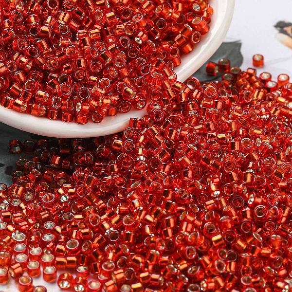 Perles De Rocaille En Verre, Argenté, Cylindre, Rouge, 2.5X1.6Mm, Trou: 1Mm, Environ 1310 Pcs/10 G-image