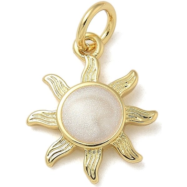Rack Plating Brass Enamel Charms, With Jump Ring, Long-Lasting Plated, Lead Free & Cadmium Free, Sun Charms, Real 18K Gold Plated, White, 14.5X12X2Mm, Hole: 3Mm-image