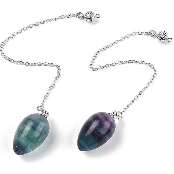 Pendules de radiesthésie en fluorite naturelle, avec crémaillère en laiton, platine, oeuf, 215-222mm, Trou: 1.8mm