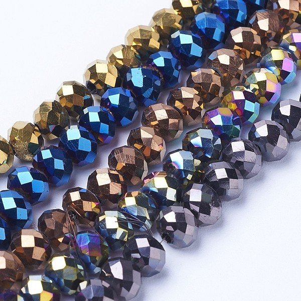Electroplate Transparent Glass Beads Strands, Full Plated, Faceted, Rondelle, Mixed Color, 8X6Mm, Hole: 1Mm, About 63-65Pcs/Strand, 39-40Cm-image
