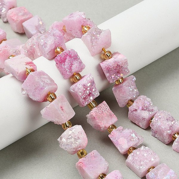 Electroplated Natural Druzy Agate Beads Strands, Cube, With Seed Beads, Pearl Pink, 9.5-11X8-10X9.5-10.5Mm, Hole: 1Mm, About 14Pcs/Strand, 7.20''(18.3Cm)-image