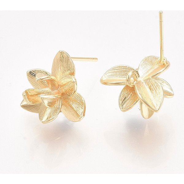 Brass Stud Earring Findings, With Loop, Real 18K Gold Plated, Nickel Free, Flower, 13.5X15Mm, Hole: 1.4Mm, Pin: 0.8Mm-image