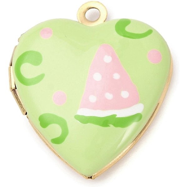 304 Stainless Steel Heart Locket Pendants, With Enamel, Real 18K Gold Plated, Ion Plating(Ip), Cadmium Free & Nickel Free & Lead Free, Watermelon, 22.5X19X6.5Mm, Hole: 1.7Mm-image