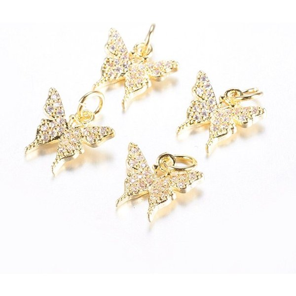 Encantos de latón bañado en latón chapado de circonio cúbico de larga duración, mariposa, real 18k chapado en oro, 11x12x2.5mm, agujero: 3 mm