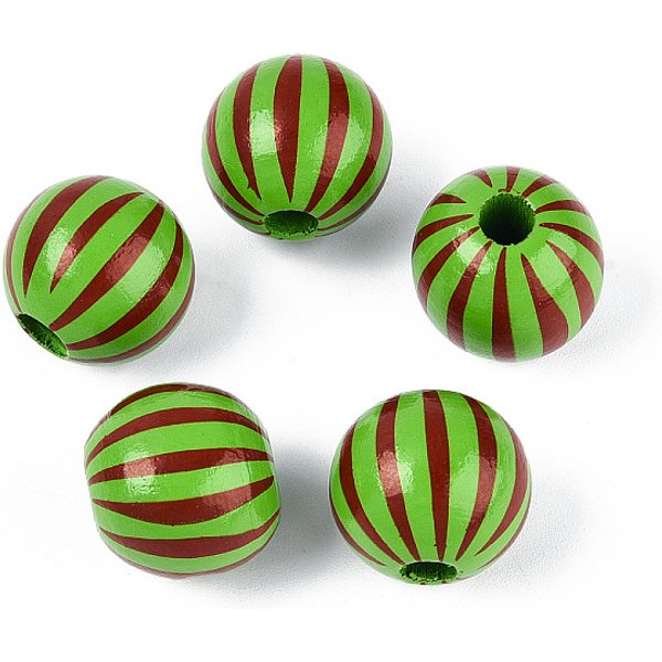 Christmas Spray Painted Schima Wood Beads, Round with Snowflake Pattern, Printed Beads, Lawn Green, 15.5-16x15mm, Hole: 4-5mm