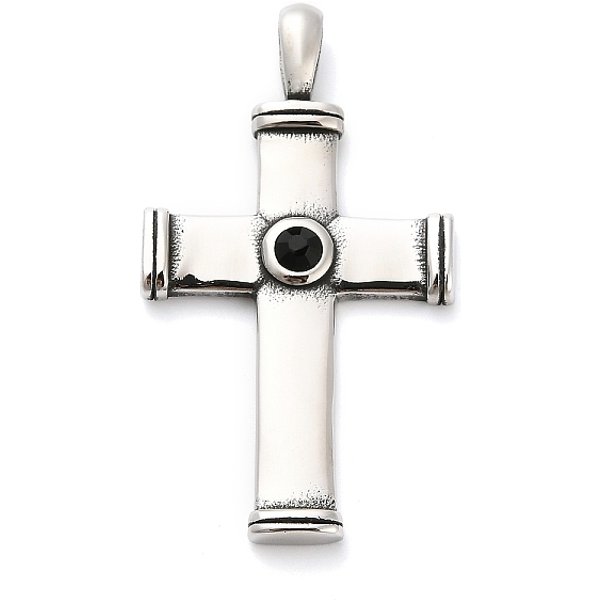 316 Surgical Stainless Steel Pendants, with Rhinestone, Cross Charms, Antique Silver, 57x32x5-6mm, Hole: 8x4mm