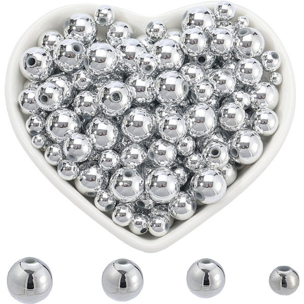 1000Pcs 4 Styles ABS Plastic Beads, Eco-Friendly Electroplated Beads, Round, Silver Plated, 4-10mm, Hole: 1.4-2.3mm
