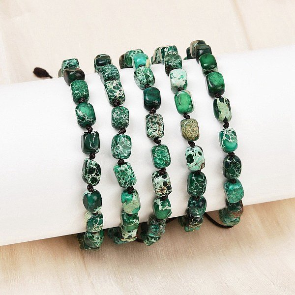 GefäRbte NatüRliche Imperial-Jaspis-Perlen, Geflochtene PerlenarmbäNder FüR MäNner Und Frauen, GrüN, Innendurchmesser: 2 Zoll (5 Cm) - 3-3/8 Zoll (8.55 Cm)-image