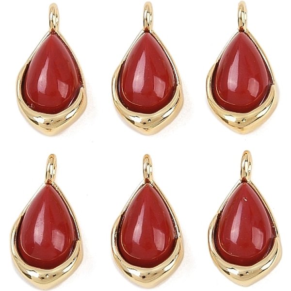 Synthetic Red Gemstone Teardrop Charms, With Brass Settings, Real 18K Gold Plated, Cadmium Free & Lead Free, Rack Plating, Long-Lasting Plated, 14X8X5Mm, Hole: 2Mm-image