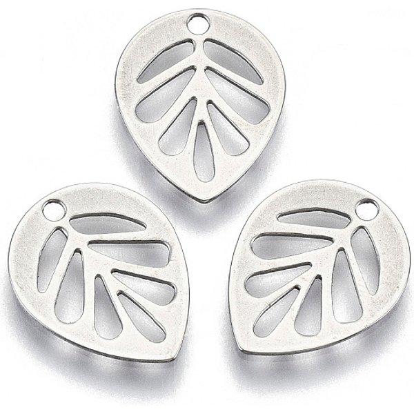 Non-Tarnish 201 Stainless Steel Charms, Laser Cut, Hollow, Leaf, Stainless Steel Color, 13X10.5X0.5Mm, Hole: 1.2Mm-image