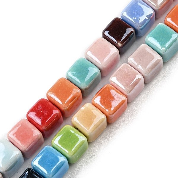 Handmade Procelain Beads Strands, Cube, Mixed Color, 6x6-7x6-7mm, Hole: 2mm, about 50pcs/strand, 12.24''(31.1cm)