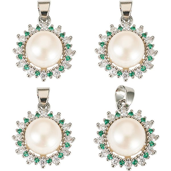 4 StüCk AnhäNger Aus Naturperlen., Mit Messing-Mikropavé-Zirkonia-Besatzklauen, Blume AnhäNger / Charms, Platin Farbe, 18 Mm-image