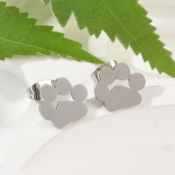 Orecchini a bottone in acciaio inossidabile 304 anti-ossidazione, orecchini ipoallergenici, con le noci orecchio, stampe zampa di cane, colore acciaio inossidabile, 9.8x11x13mm, ago :0.6mm