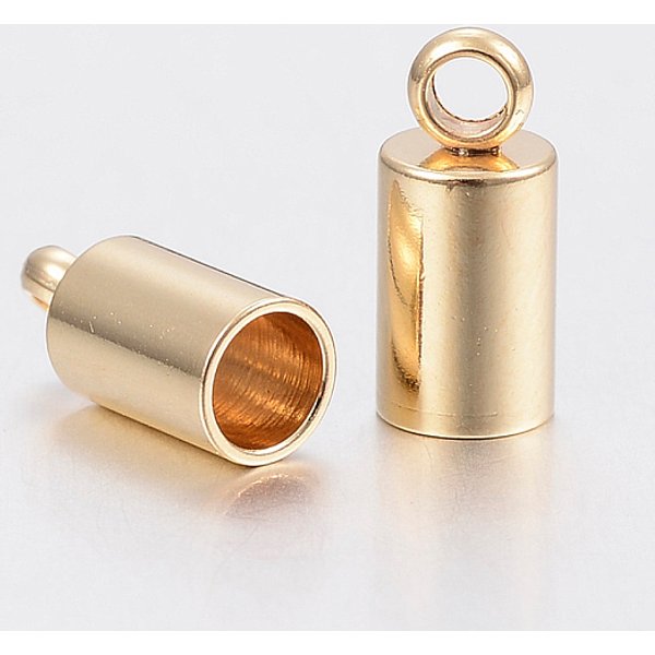 Emembouts de cordon en acier inoxydable 201, embouts, colonne, véritable 18k plaqué or, 9.5x6mm, Trou: 2mm, diamètre intérieur: 5 mm