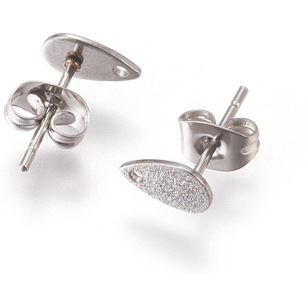 AnlaufgeschüTzte, Strukturierte Ohrstecker-BeschläGe Aus 304 Edelstahl FüR Fassungen Von AnhäNgern, TräNe, Edelstahl Farbe, 12X8 Mm, Bohrung: 1 Mm, Stift: 0.7 Mm-image