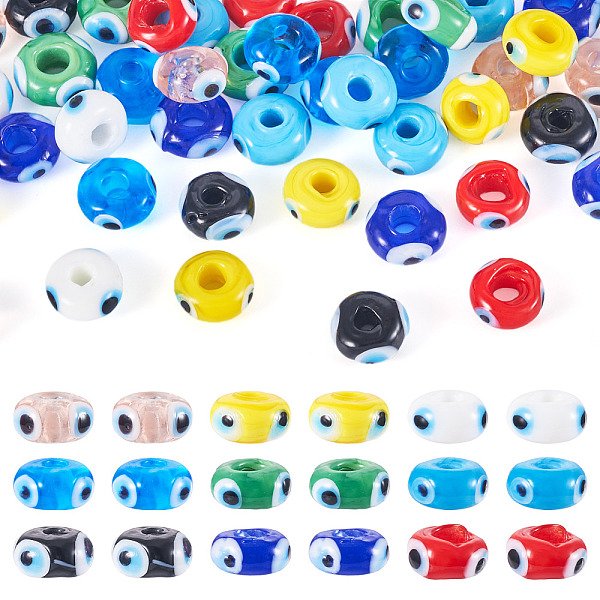 54Pcs 9 Colors Handmade Evil Eye Lampwork Beads, Flat Round, Mixed Color, 9-10X6Mm, Hole: 3Mm, 6Pcs/Color-image