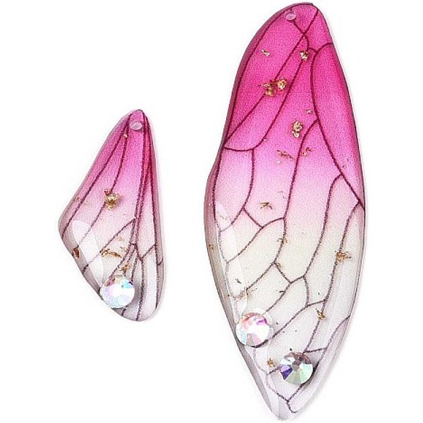 Ciondoli a forma di ali di farfalla in resina epossidica, con strass e lamina d'oro, rosa intenso, 49x18x2-3mm, Foro: 1.2 mm, ali piccole: 25x11x3 mm
