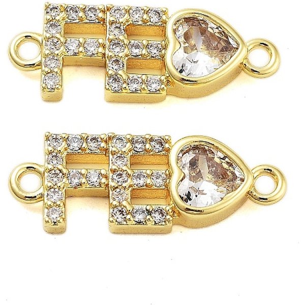 Enchapado en estante, latón pavimentado, circonita cúbica transparente, eslabones de corazón fe, conector, dijes, sin plomo y cadmio, real 18k chapado en oro, 7x19.5x3.5mm, agujero: 1.4 mm