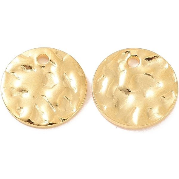 Breloques en acier inoxydable 304 plaquées par ions (IP), texturé, breloques rondes plates, or, 10x1mm, Trou: 1.2mm
