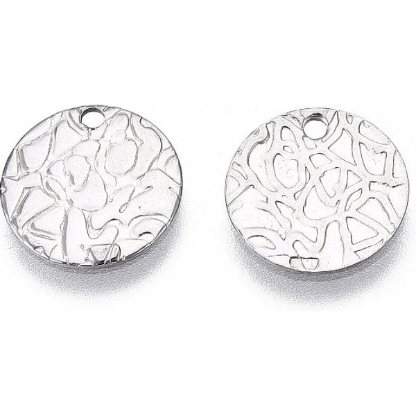 Breloques En Acier Inoxydable 304 Anti-Ternissement, Texturé, Breloque Plat Rond, Couleur Inoxydable, 12X0.8Mm, Trou: 1.4Mm-image