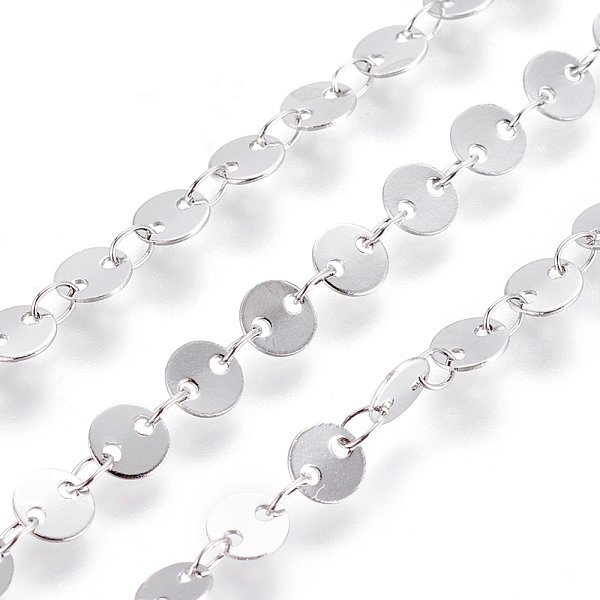 Tarnish Resistant 304 Stainless Steel Link Chains, Flat Sequin Chains, Soldered, With Spool, Flat Round, Stainless Steel Color, 5X0.5Mm, About 32.8 Feet(10M)/Roll-image