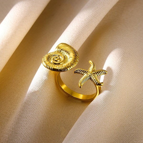 Anillo De PuñO Abierto De Acero Inoxidable 304 Para Mujer, Real 18K Chapado En Oro, Estrella De Mar, 17Mm, DiáMetro Interior: 17.7 Mm-image