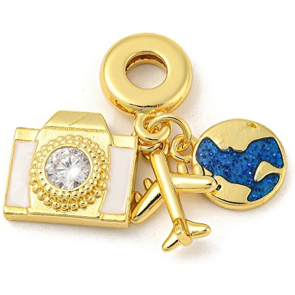 Rack Plating Brass Enamel European Dangle Charms, Airplane Earth Camera Large Hole Charms, with Cubic Zirconia, Long-Lasting Plated, Lead Free & Cadmium Free, Real 18K Gold Plated, 33.5mm, Airplane: 14x10x3mm, Camera: 12.5x13.5x4mm, Earth...