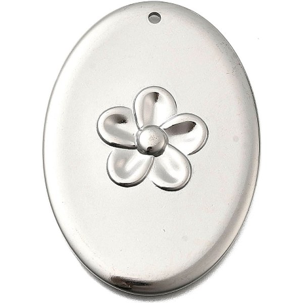 304 Stainless Steel Pendants, Oval With Flower, Stainless Steel Color, 49X35X3Mm, Hole: 1.8Mm-image