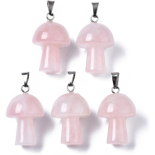 Natural Rose Quartz Pendants, with Stainless Steel Snap On Bails, Mushroom Shaped, 24-25x16mm, Hole: 5x3mm