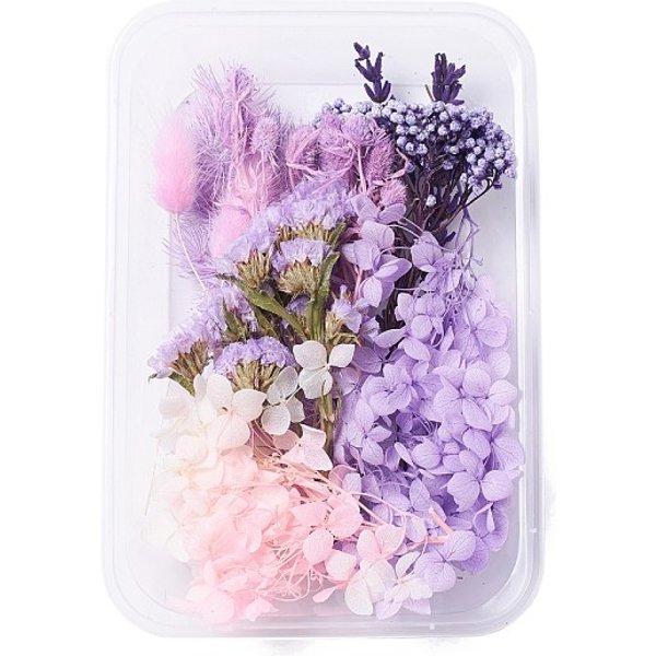 Dried Flowers, DIY Candle Soap Making Accessories, with Plastic Rectangle Box, Purple, 7.6-15x1-11.2cm