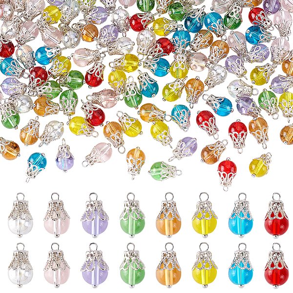 160 Breloques En Verre De 8 Couleurs., Ronde, Avec Capuchon De Perle En Fer Platine, Couleur Mixte, 14X8.5X8.5Mm, Trou: 1.6Mm, 20 Pcs / Couleur-image