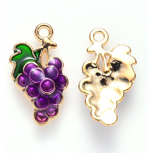 Autumn Theme Alloy Enamel Pendants, Grape, Light Gold, Purple, 17X10X3Mm, Hole: 1.2Mm-image