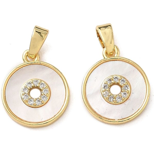 Pendentifs Avec Zircon Cubiques à Micro-PavéS En Laiton, Avec Coquille, Breloques Rondes Plates, VéRitable 18K Plaqué Or, 14.5X12X2.5Mm, Trou: 4X2.5Mm-image