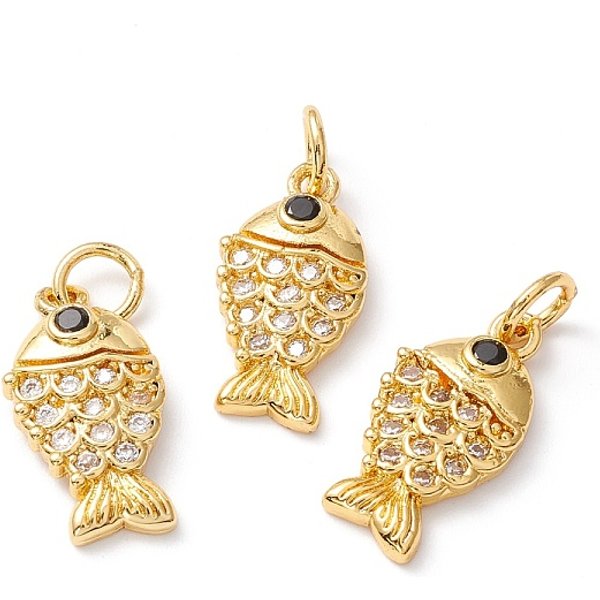Brass Micro Pave Clear Cubic Zirconia Pendants, Long-Lasting Plated, Lead And Cadmium Free, Fish, Golden, 16X8X2.5Mm, Hole: 3.2Mm-image