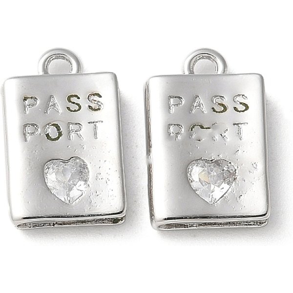 Rack Plating Brass Micro Pave Cubic Zirconia Pendants, Rectangle With Word Passport Charms, Platinum, 11.5X7.5X2Mm, Hole: 1.3Mm-image