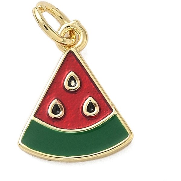 Brass Enamel Charms, Watermelon Charms, Rack Plating, Long-Lasting Plated, Lead Free & Cadmium Free, Real 18K Gold Plated, Green, 14X11X1.5Mm, Hole: 3.3Mm-image