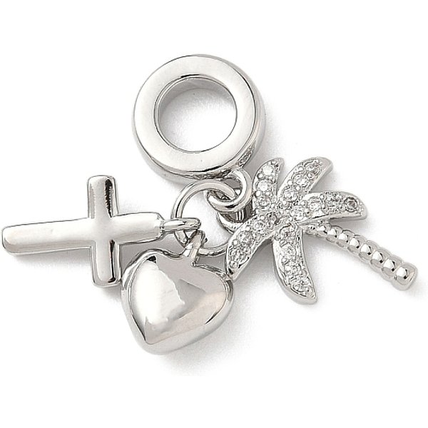 Brass Micro Pave Clear Cubic Zirconia European Dangle Charms, Heart Cross Large Hole Pendants, Platinum, Tree, 25.5Mm, Tree: 13.5X10.5X2.3Mm-image