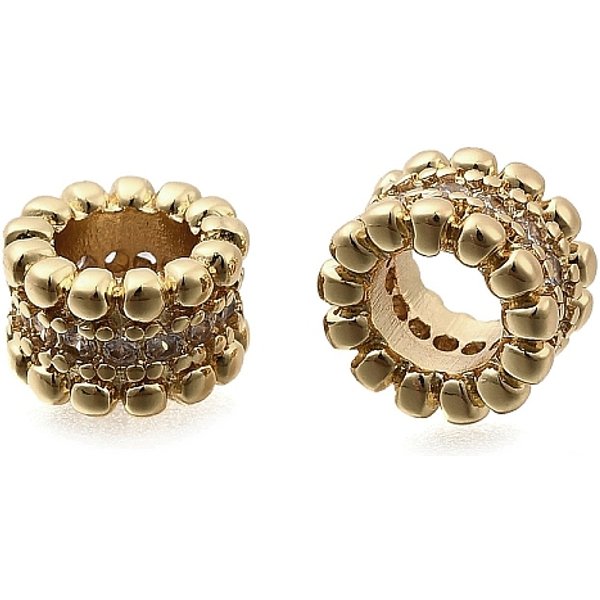Brass Micro Pave Cubic Zirconia European Beads, Round, Large Hole Beads, Real 18K Gold Plated, 8X5Mm, Hole: 4.3Mm-image