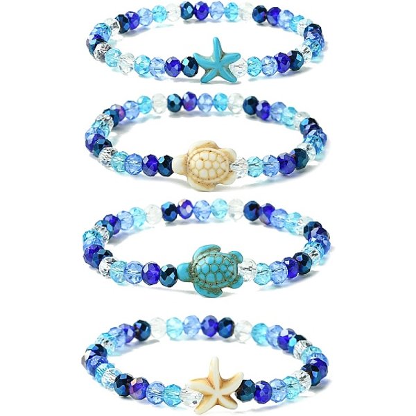 Electroplated Glass Beaded Stretch Bracelets, Summer Beach Dyed Synthetic Turquoise Starfish/Turtle Bracelets, Mixed Color, Inner Diameter: 2-1/8 Inch(5.3Cm)-image