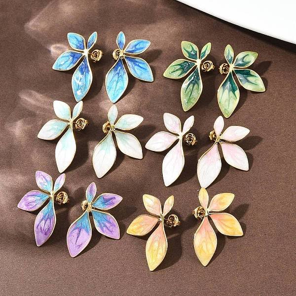 Orecchini A Bottone A Forma Di Fiore In Acciaio Inossidabile 304, Con Smalto, Placcatura Ionica (Ip), Sinistra E Destra, Colore Misto, Vero Placcato Oro 18K, 34.5X22.5Mm-image