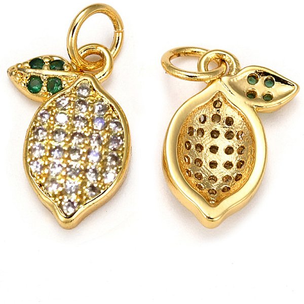 Brass Micro Pave Cubic Zirconia Charms, with Jump Rings, Long-Lasting Plated, Lemon, Lemon Chiffon, Golden, 14x10x3mm, Hole: 1.5mm