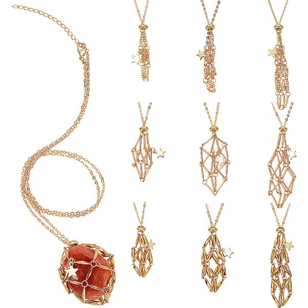 9 PièCe 9 Styles De Colliers Pendentifs En Forme D'éToile En Laiton Avec Pochette Vide En Macramé, Pour La Fabrication De Colliers En Pierre Brute, Or, 20.08-24.02 Pouce (51-61 Cm), 1Pc / Style-image